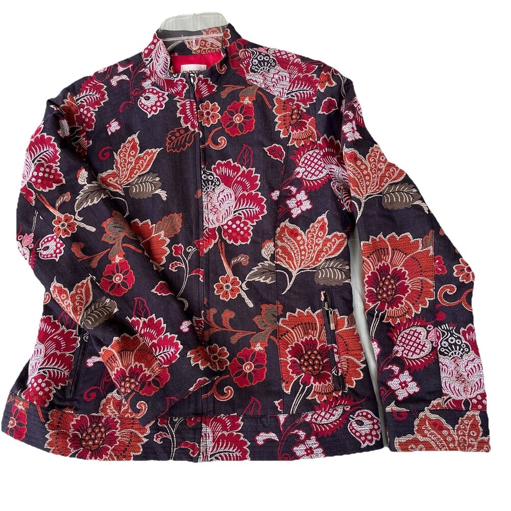 Chico’s Jacket Women’s Size 1 Floral Print Full Zip Lined Zip Pockets  Boho